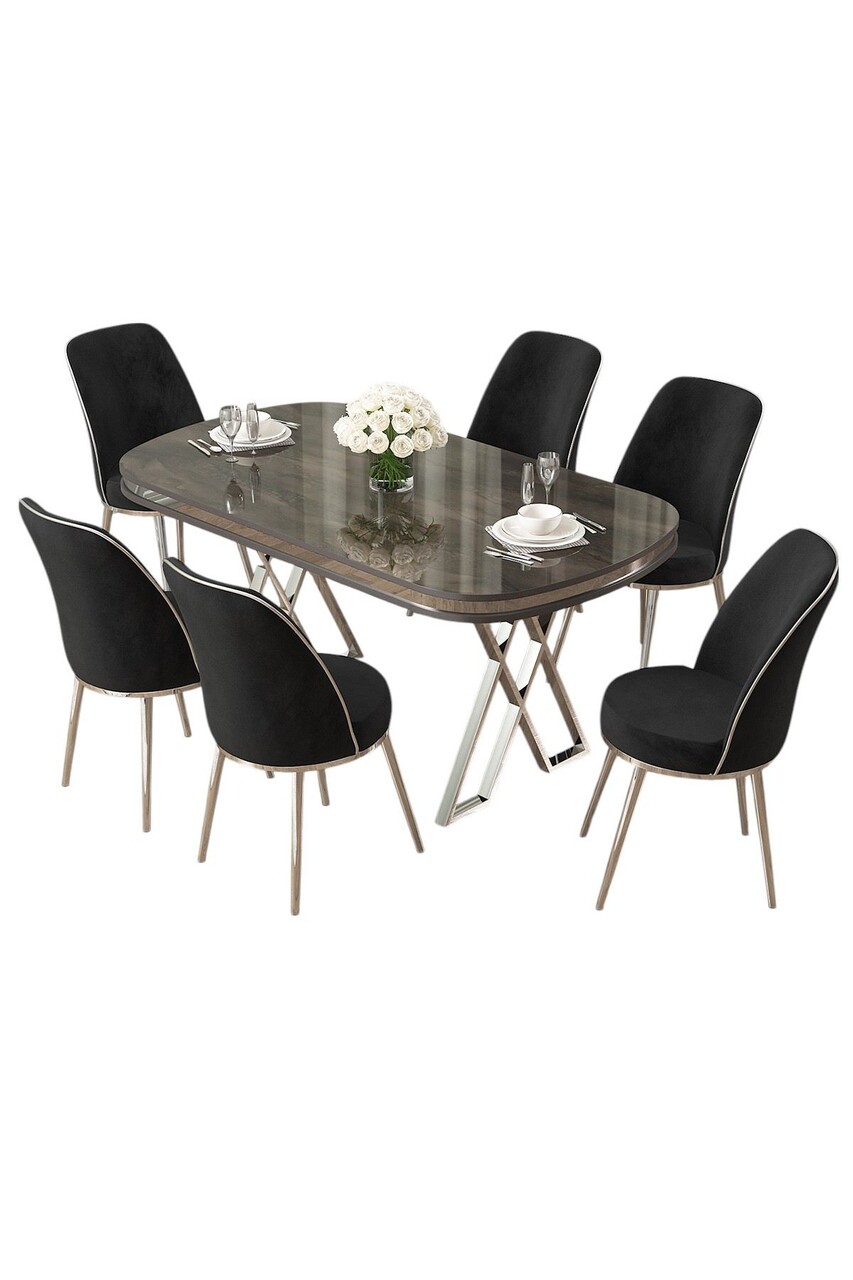 Set masă și scaune (7 piese), Hanah Home, Lai, Antracit / Crom / Negru - imagine 2