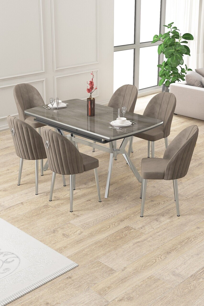Set masa extensibila si scaune (7 piese), Hanah Home, Sim, Antracit / Crom / Cappuccino