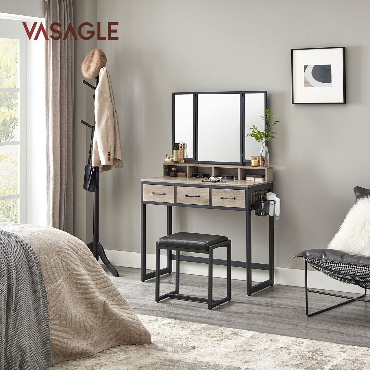 Masa de toaleta cu taburet / Masuta dressing, Vasagle, Industrial, 90x40x141 cm, PAL/otel/piele ecologica, gri
