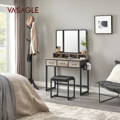 Masa de toaleta cu taburet / Masuta dressing, Vasagle, Industrial, 90x40x141 cm, PAL/otel/piele ecologica, gri