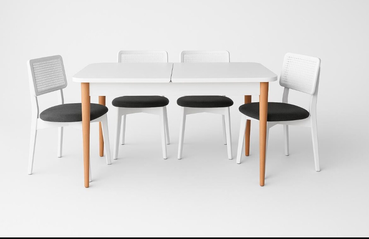 Set masa extensibila si 4 scaune, Fairfax, Lina, Alb lemn / Negru
