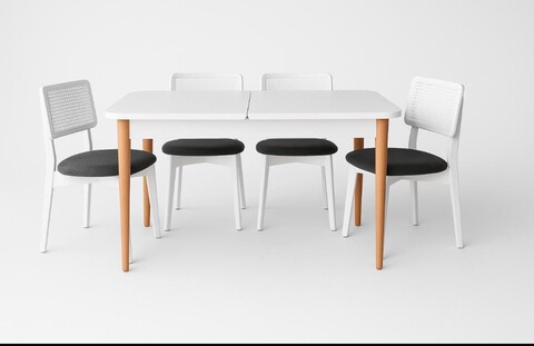 Set masa extensibila si 4 scaune, Fairfax, Lina, Lemn de fag, Alb lemn / Negru