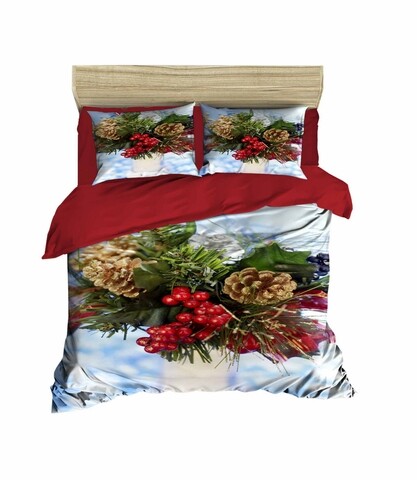 Lenjerie de pat pentru doua persoane, Pearl Home, 407, print 3D, amestec bumbac, 4 piese, alb/verde/maro 3D