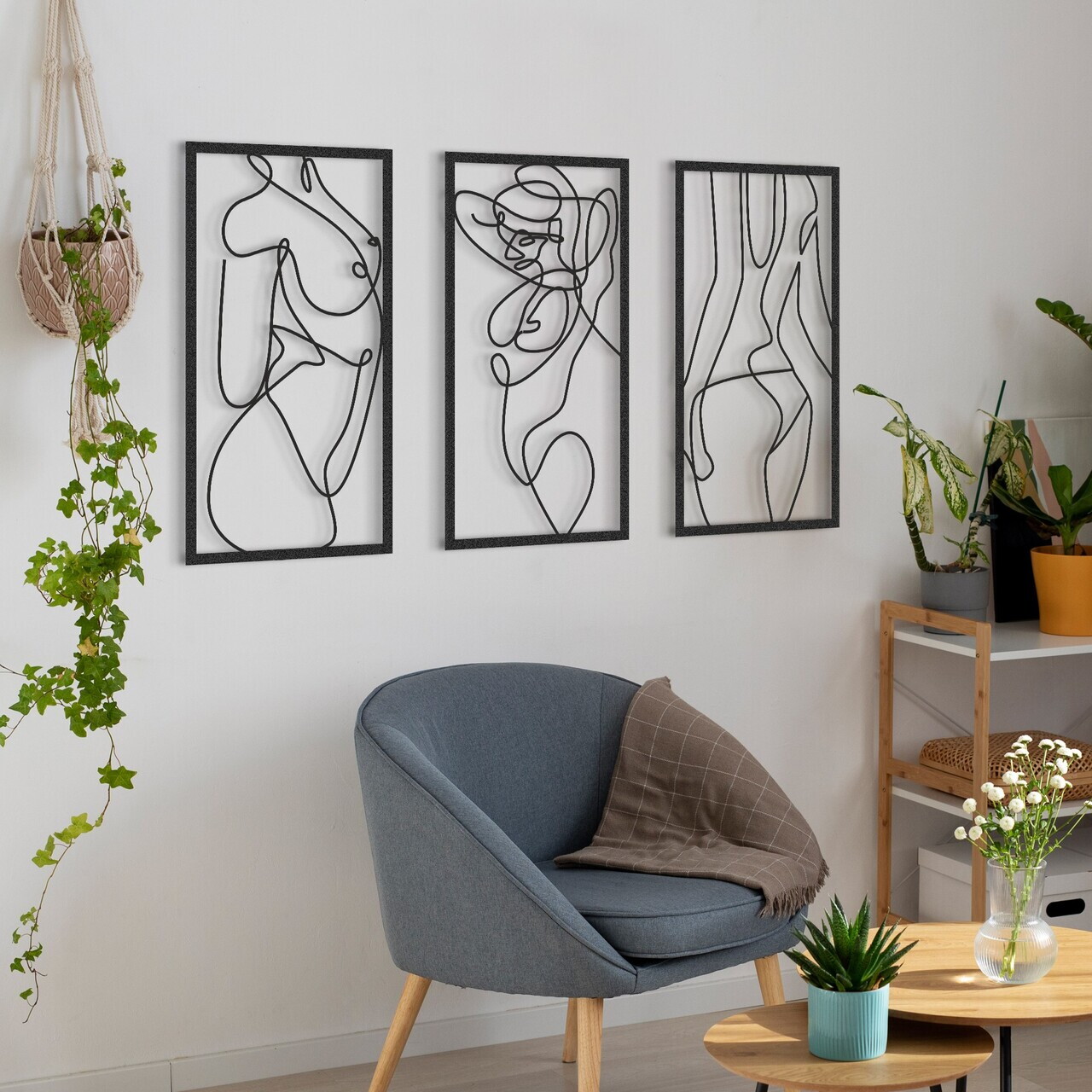 Set de accesorii decorative de perete din metal, RT-NMD-073, Dimensiune: 58,5 x 30 cm (3 bucăți), Negru