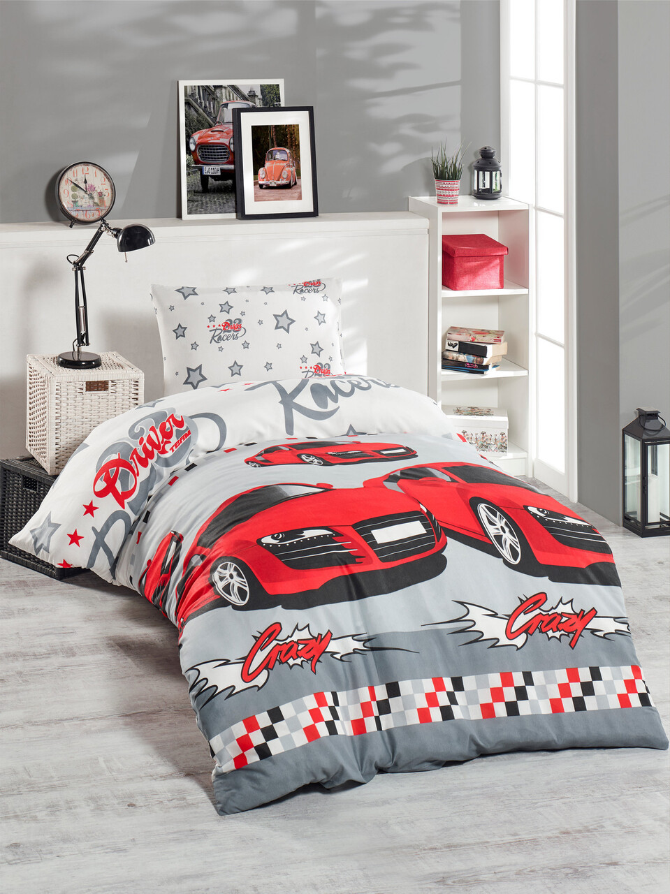 Lenjerie de pat pentru o persoana 2 piese, Crazy - Red, EnLora Home, 65% bumbac/35% poliester