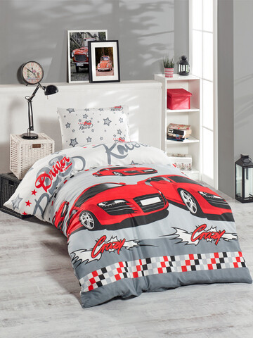 Lenjerie de pat pentru o persoana 2 piese, Crazy - Red, EnLora Home, 65% bumbac/35% poliester