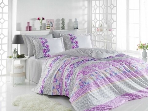 Lenjerie de pat pentru o persoana, 3 piese, 100% bumbac poplin, Hobby, Scarlet, roz/gri