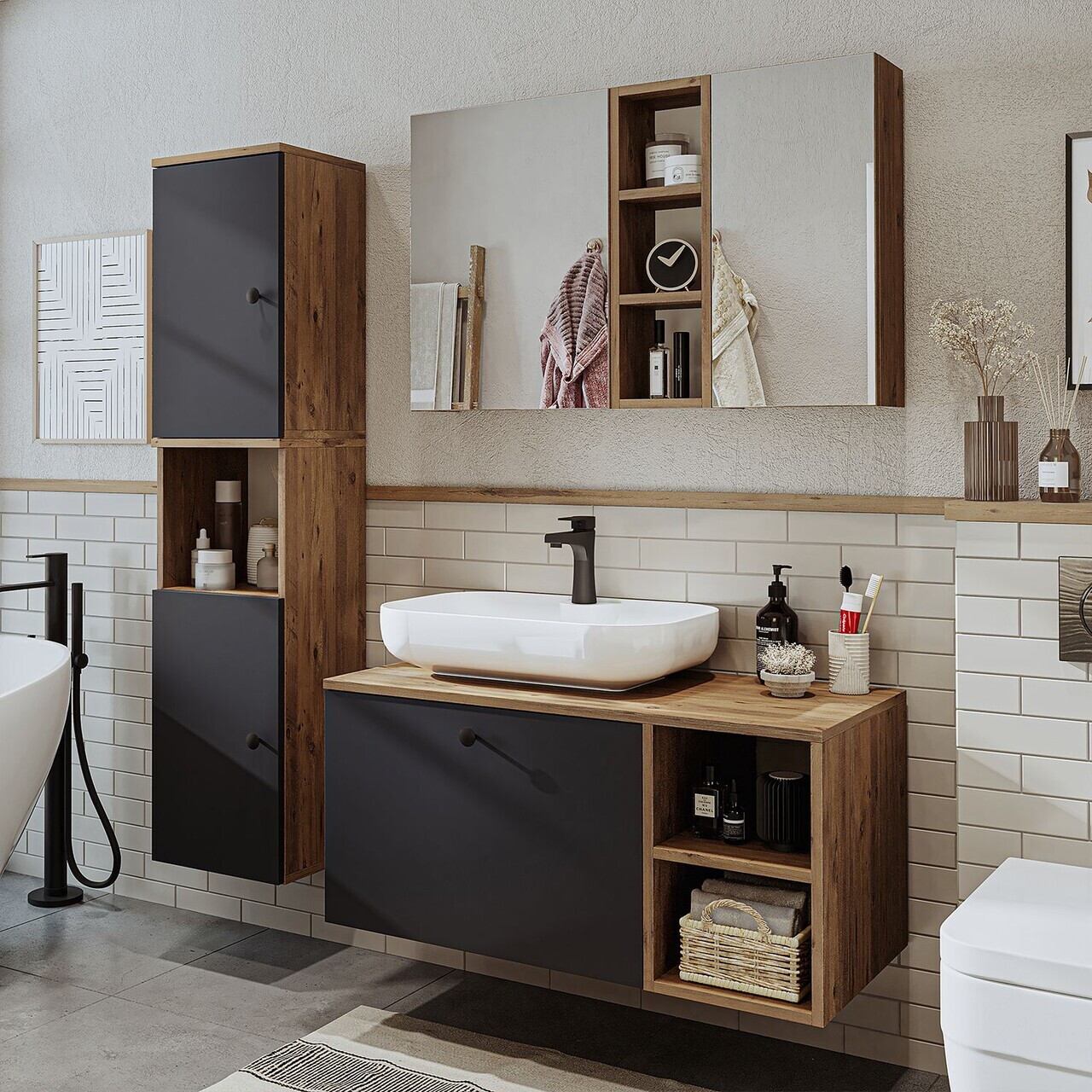 Set Dulap de Baie cu Chiuvetă și Oglindă (3 Piese), Hanah Home, 2519, MDF, Pin Atlantic / Antracit