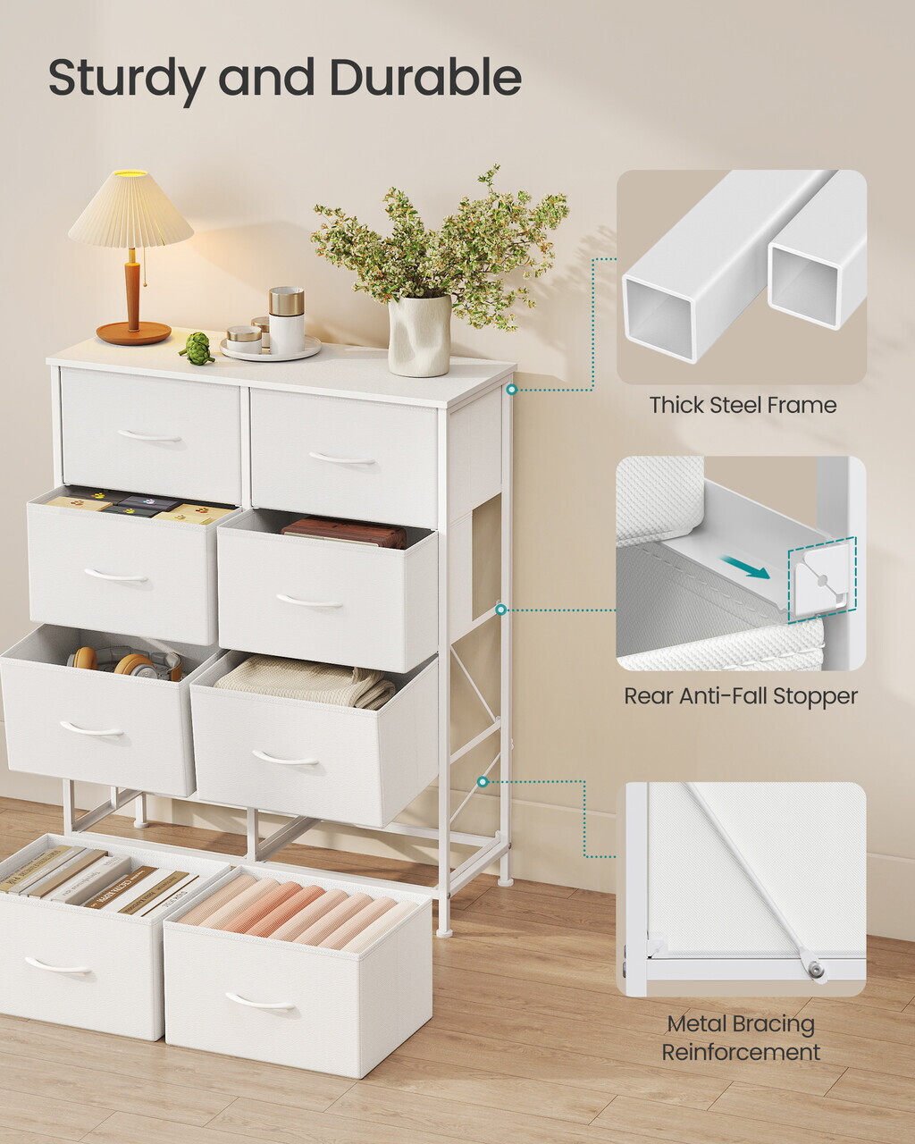 Comoda cu 8 sertare, Songmics, 76.7x30x92.2 cm, sertare textile, cadru metalic, alb - imagine 2