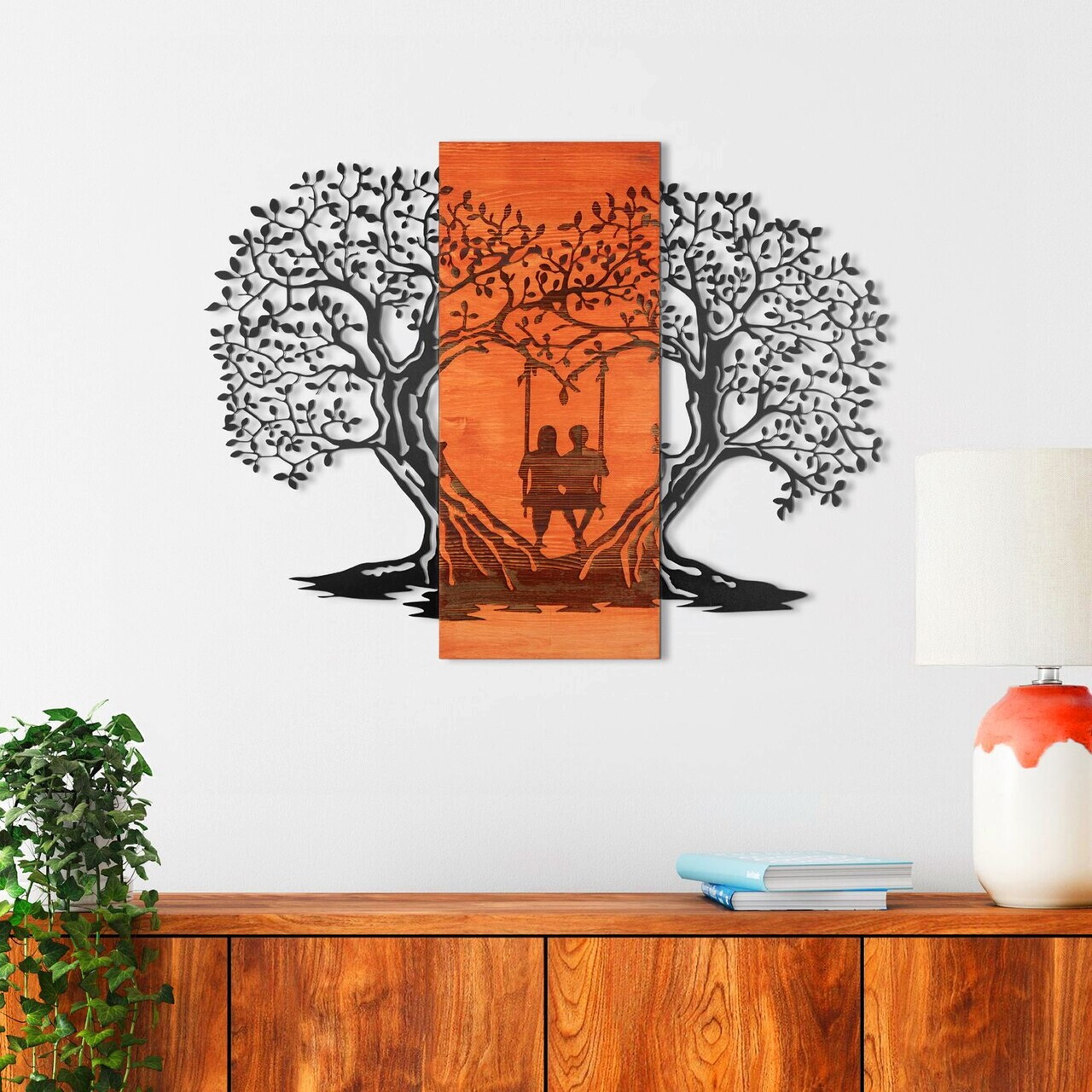 Decoratiune de perete, Sogno Forestale -4, Metal, Lemn, Roșu/Negru