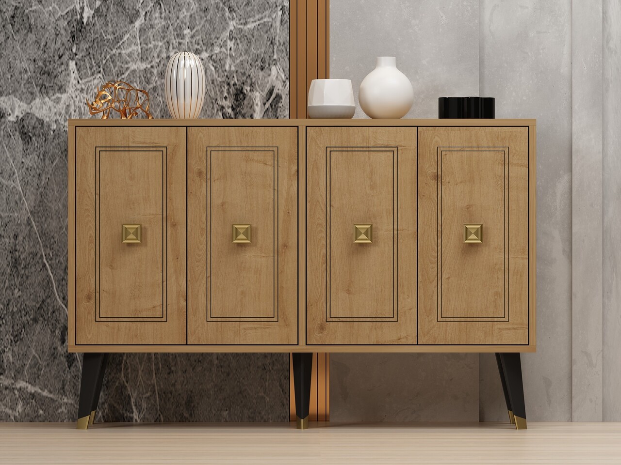 Consola, Odessa, Hartın, 120x80x30 cm, PAL, Stejar safir / Aur