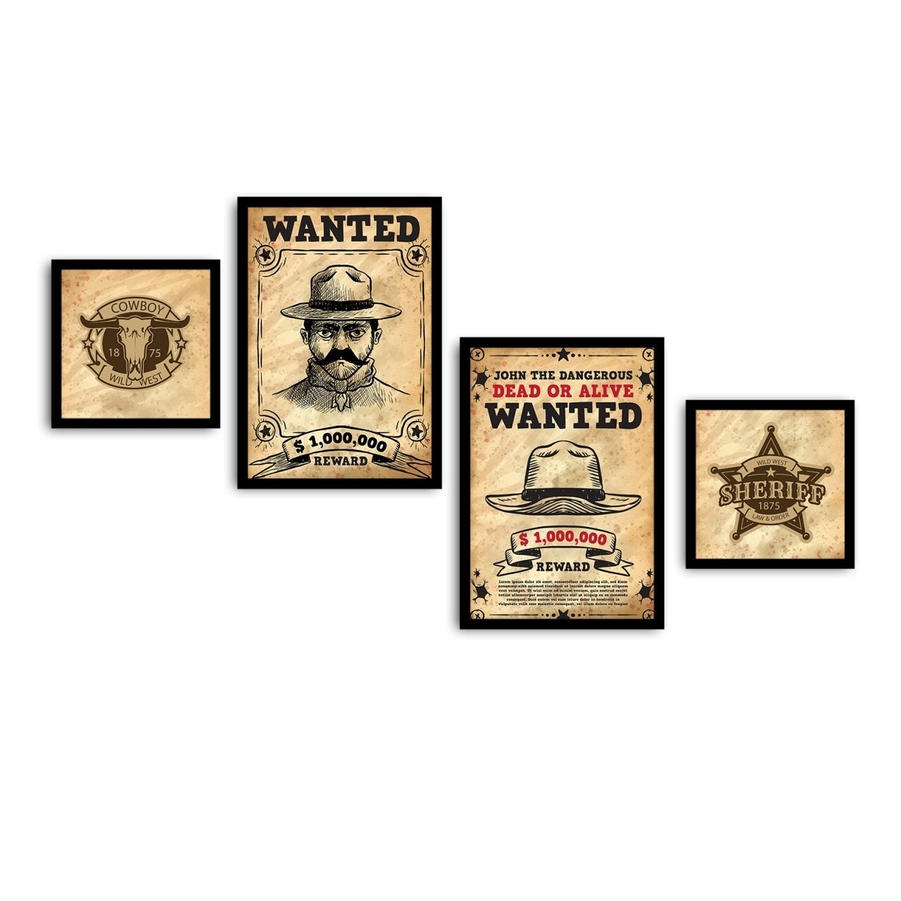 Set 4 Tablouri Decorative, Alpha Wall, Wanted, 30x30/35x50 Cm