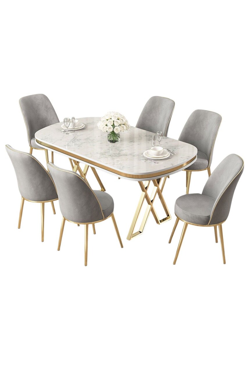 Set masă și scaune (7 piese), Hanah Home, Lai, Alb / Auriu / Gri - imagine 2