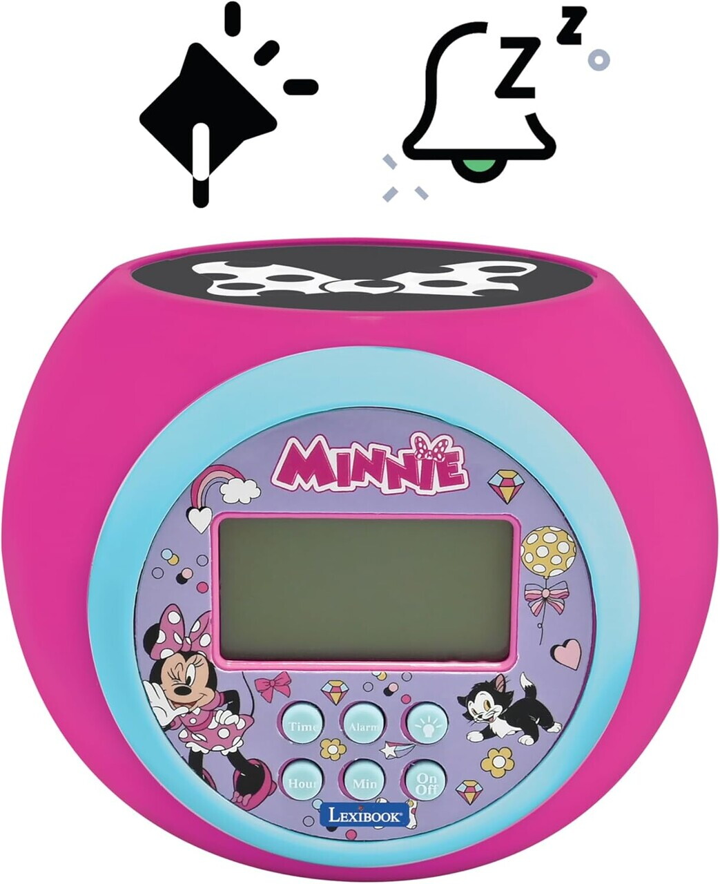 Ceas desteptator cu proiector Minnie Mouse, LEXIBOOK, 11.8x11x9.1 cm, roz - imagine 2