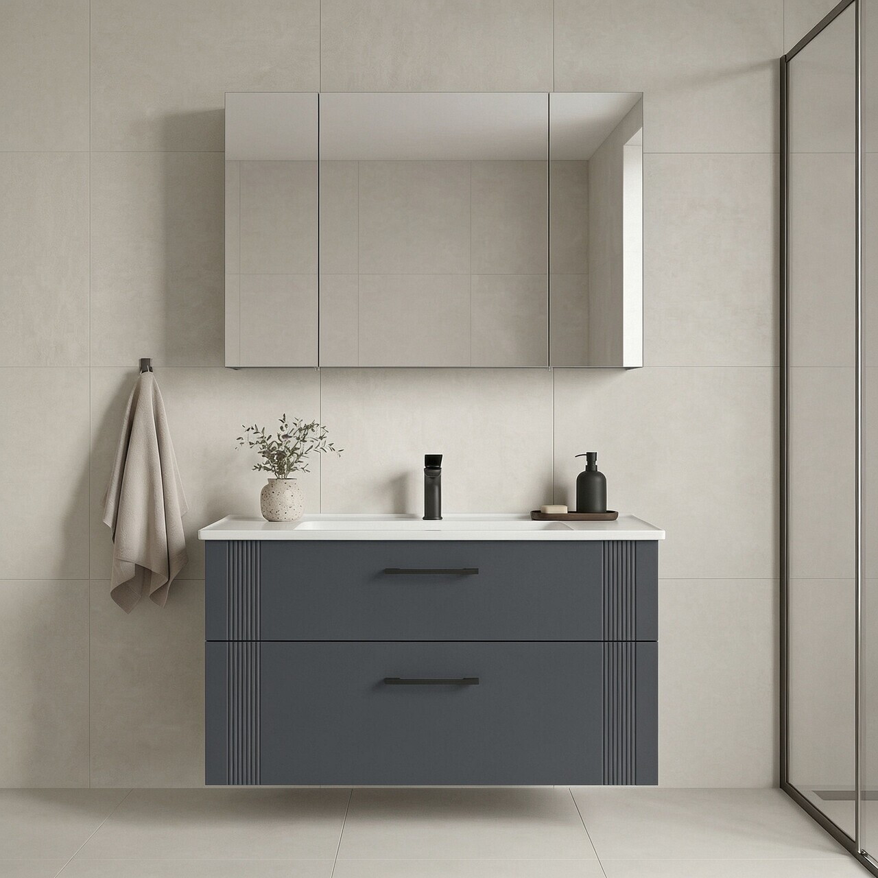 Set Dulap de Baie cu Chiuvetă și Oglindă (2 Piese), Hanah Home, Bari 100 v2, Antracit mat
