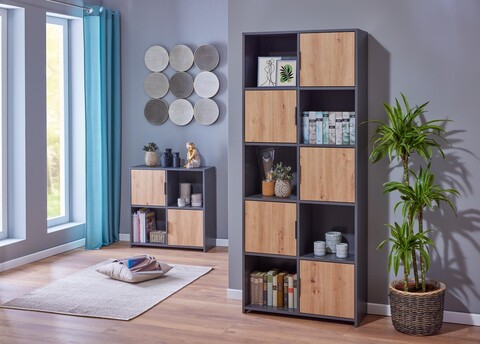 Corp biblioteca Pepeto 5T, Inter Link, 77x30x185 cm, lemn, antracit/stejar