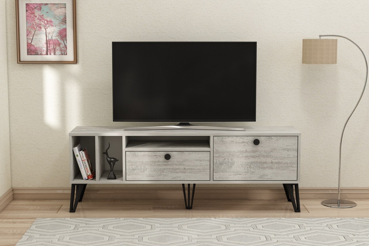 Comoda TV, Coraline, Aris, 150x53x35 cm, PAL, Gri/Alb