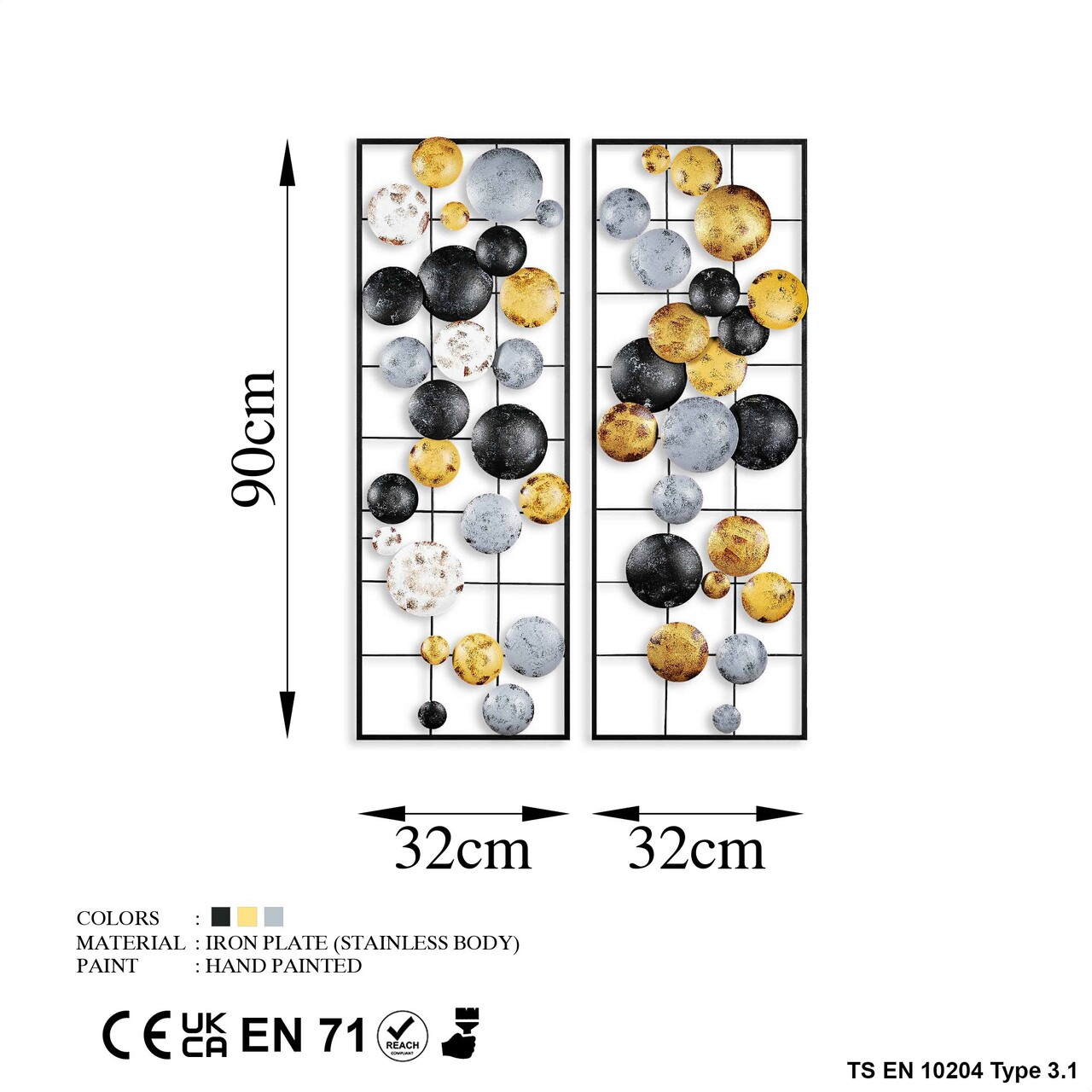 Decoratiune de perete, Camber, Metal, Latime: 32 cm / Inaltime: 92 cm / Adancime: 4 cm (2 bucati), Multicolor