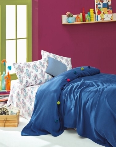 Set cuvertura de pat dubla, 3 piese, 100% bumbac ranforce, Cotton Box, Cotton Box, Fancy Blue