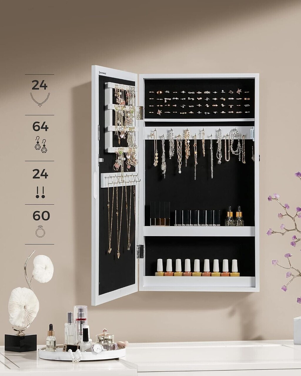 Cabinet pentru bijuterii cu oglinda si fixare pe perete, Songmics, MDF, 37x10x67 cm, alb — imaginea 3