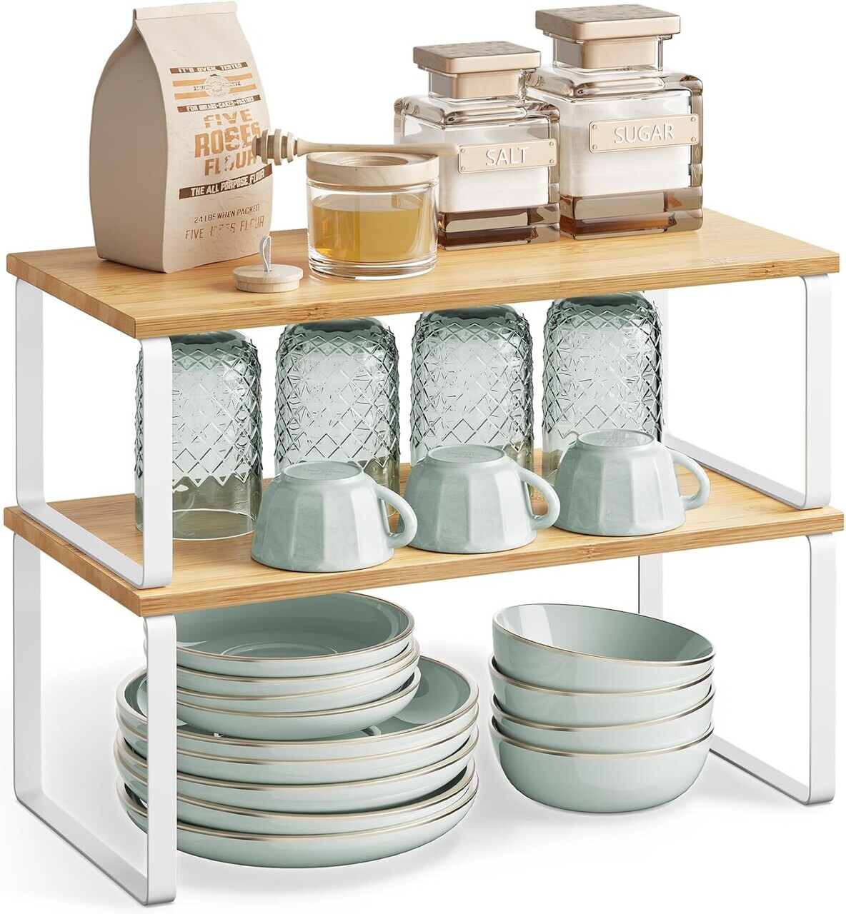 Set 2 organizatoare dulap bucatarie, Songmics, 39.7x19.5x15.8 cm, metal/lemn, alb/bej - imagine 2