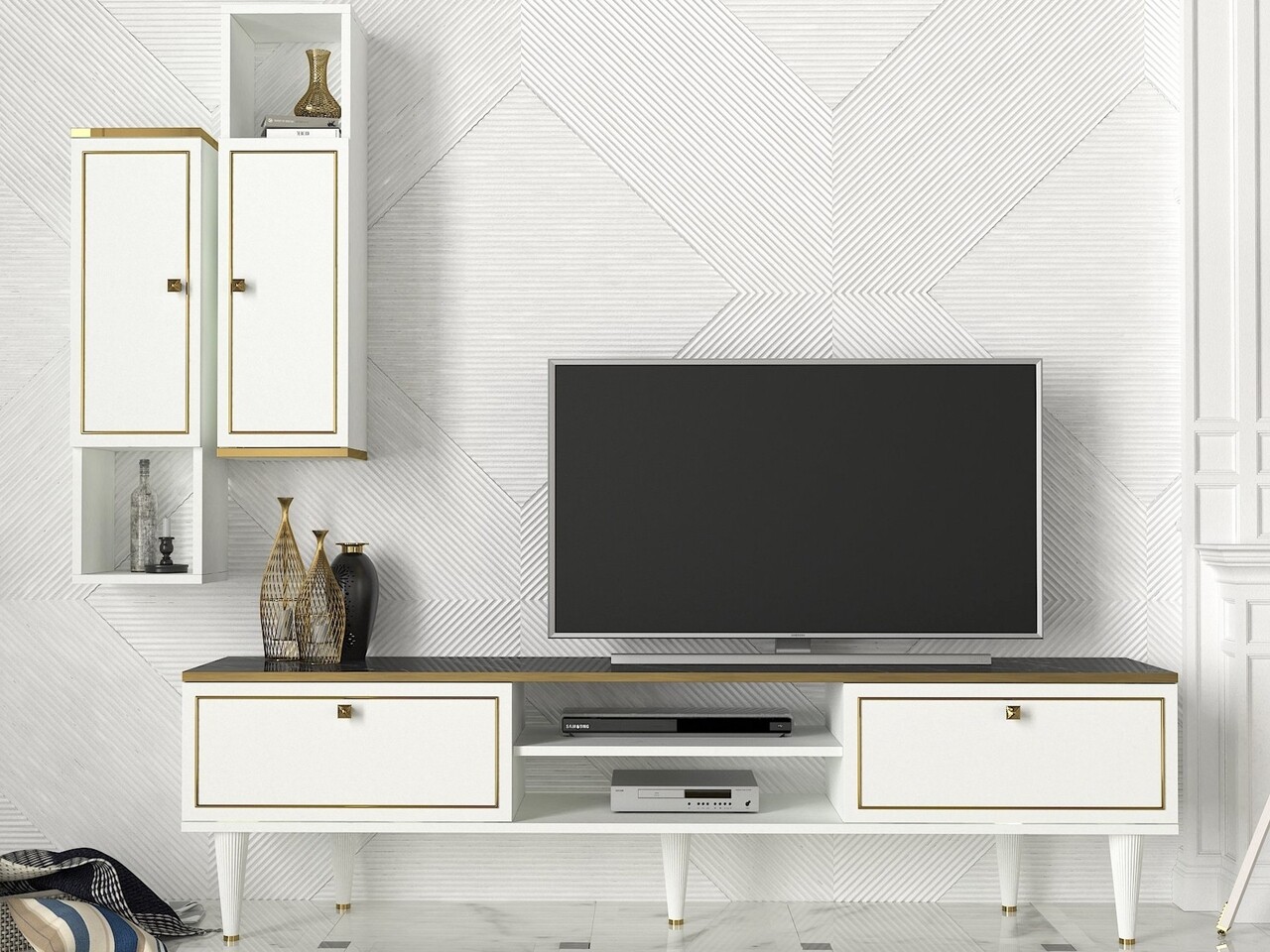 Comoda TV Cu Rafturi De Perete Ravenna White, Talon, 180 X 50.5 Cm/88.6 X 25 Cm, Alb/auriu/negru