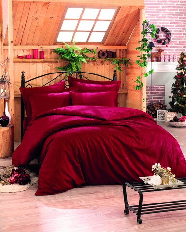 Lenjerie de pat dubla King(FR) Stripe - Claret Red v2, Cotton Box, 3 piese, 240x220 cm, bumbac satinat, rosu