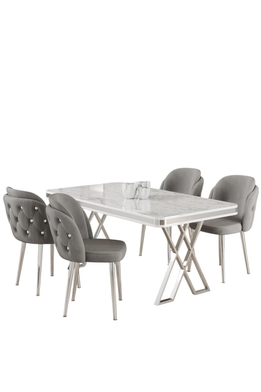 Set masă și scaune (5 bucăți), Hanah Home, Rigel, Alb / Crom / Gri - view 2