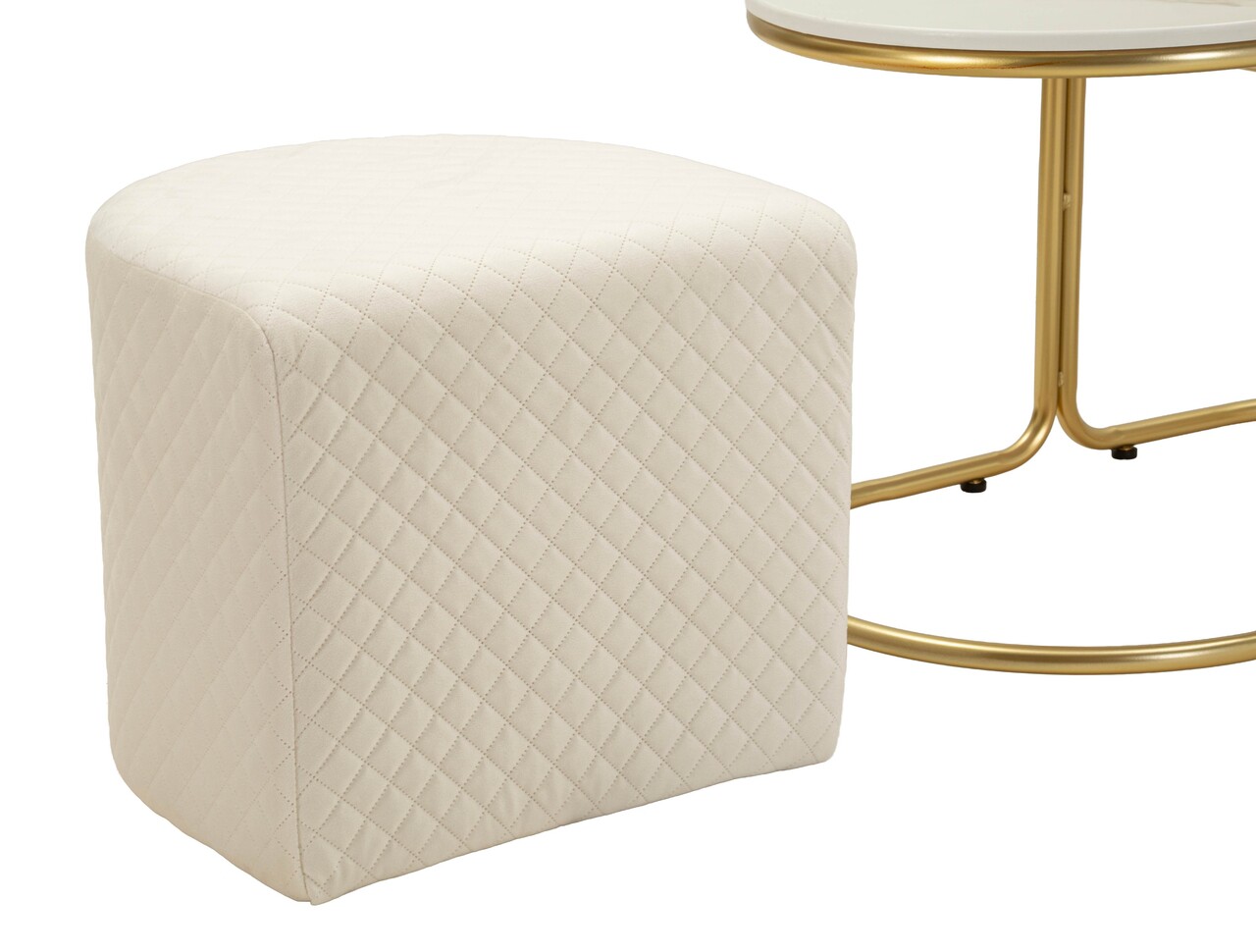 Set masuta de cafea si 2 taburete, Mauro Ferretti, Relax, 79x45x44 cm, lemn de pin/poliester, alb/auriu - imagine 3