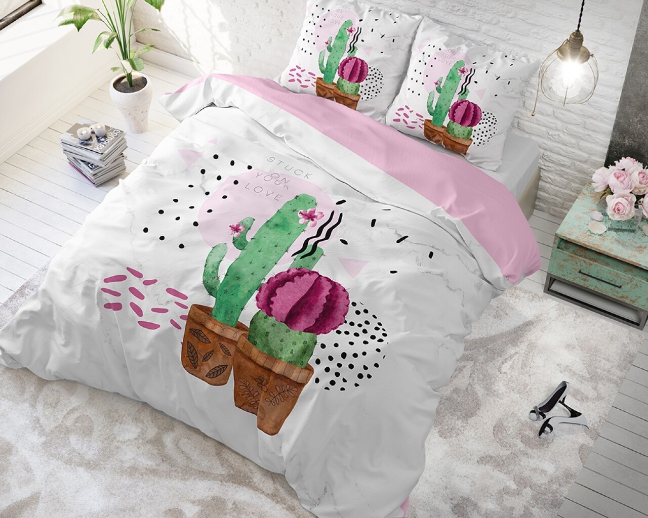 Lenjerie De Pat Dubla Love Your Cactus White - Sleeptime, Royal Textile, 3 Piese, 200 X 220 Cm, Amestec Bumbac, Multicolora