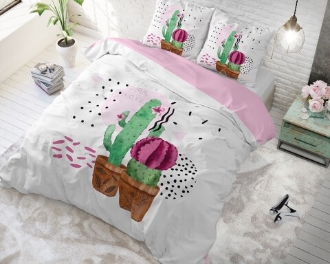 Lenjerie de pat dubla Love Your Cactus White - Sleeptime, Royal Textile, 3 piese, 200 x 220 cm, amestec bumbac, multicolora