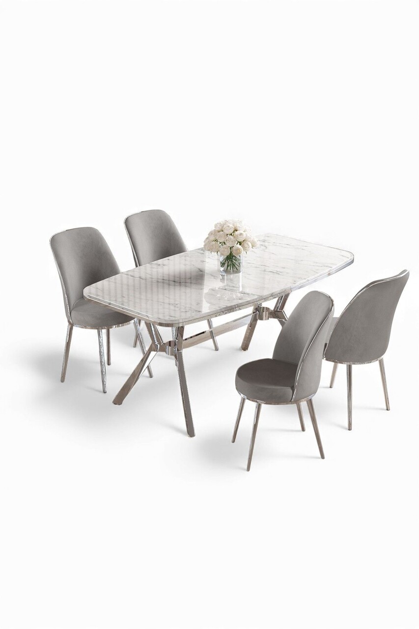 Set masă și scaune (5 bucăți), Hanah Home, Lena, Marmură albă / Crom / Gri - view 2