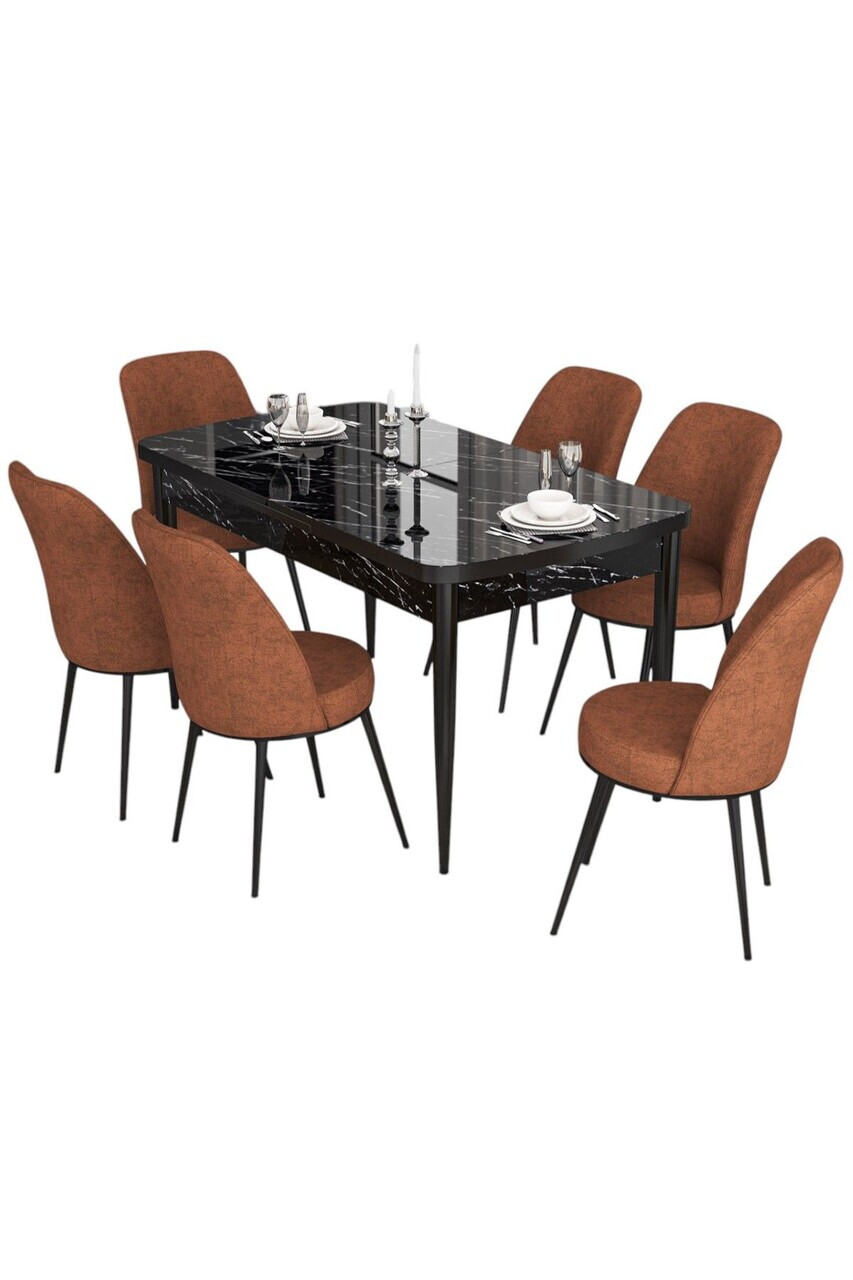 Set masa extensibila si scaune (7 piese), Hanah Home, Via, Model de marmură neagră / Teracotă — imaginea 2