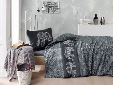 Lenjerie de pat pentru o persoana single xxl (de), 2 piese, elepante - anthracite, eponj home, 65% bumbac/35% poliester
