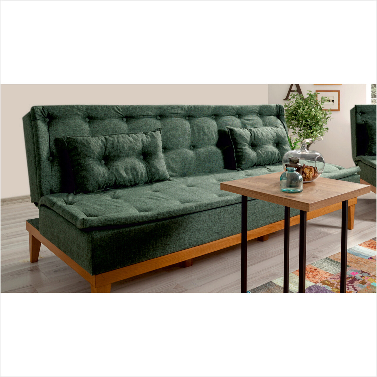 Canapea Extensibila Cu 3 Locuri, Unique Design, 867UNQ1338, Lemn De Carpen, Verde