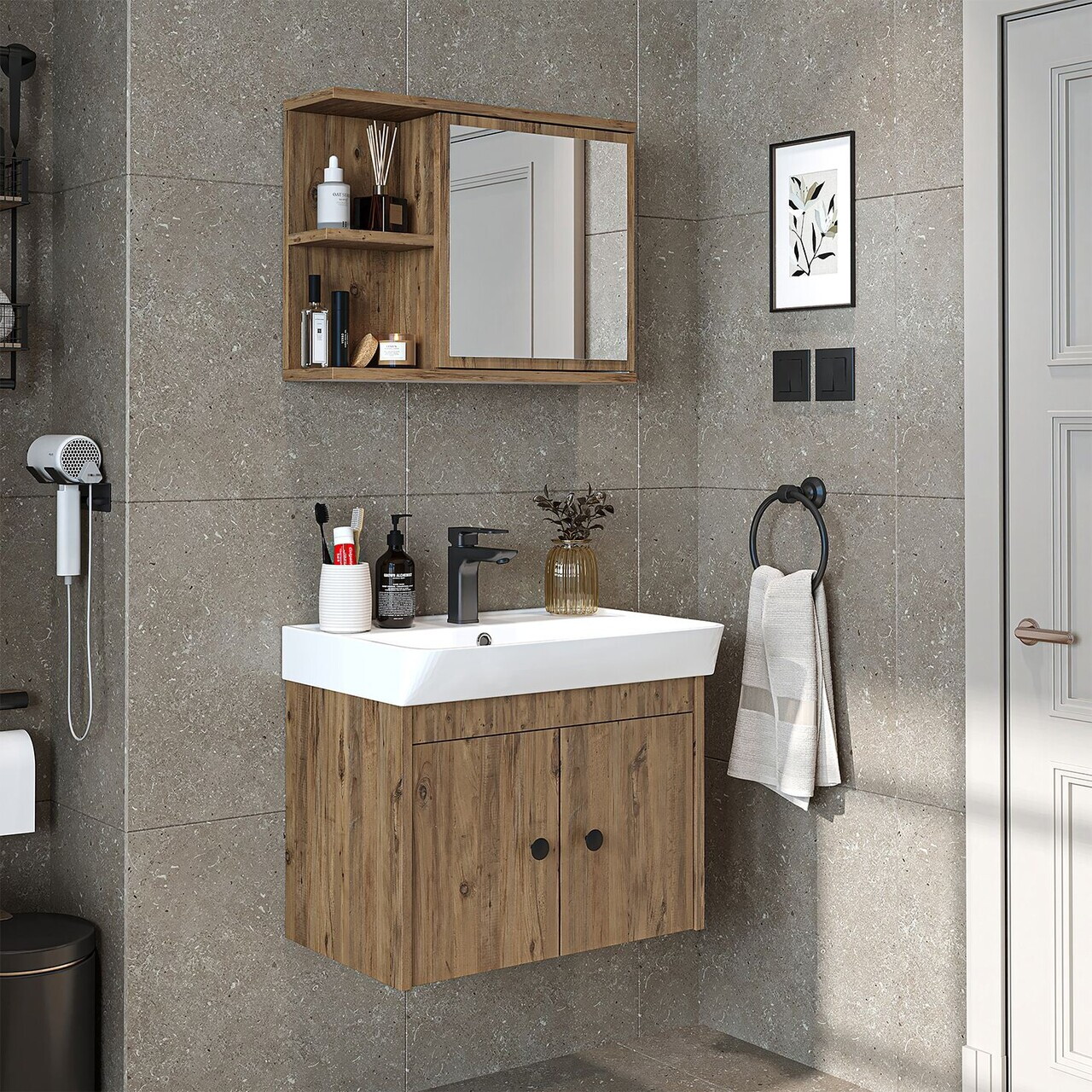 Set Dulap de Baie cu Chiuvetă și Oglindă (2 Piese), Hanah Home, 2678, PAL MELAMINAT, Maro