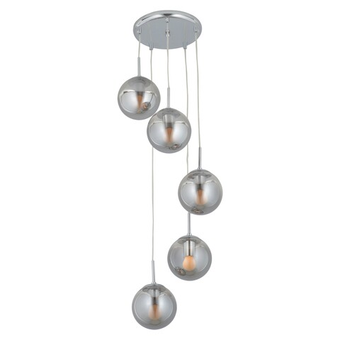 Lustra, Aldos, H.75-160 D.35 cm, 5 x E27, 40W, metal/sticla, argintiu/fumuriu