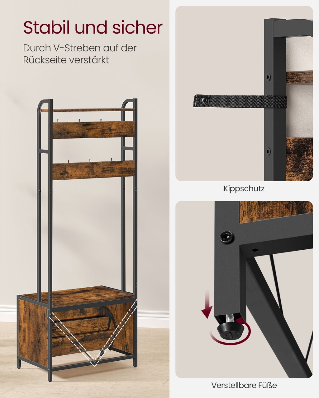 Cuier cu bancheta si pantofar, Industrial Style, Vasagle, 65x40x170 cm, PAL/otel, maro rustic — imaginea 5