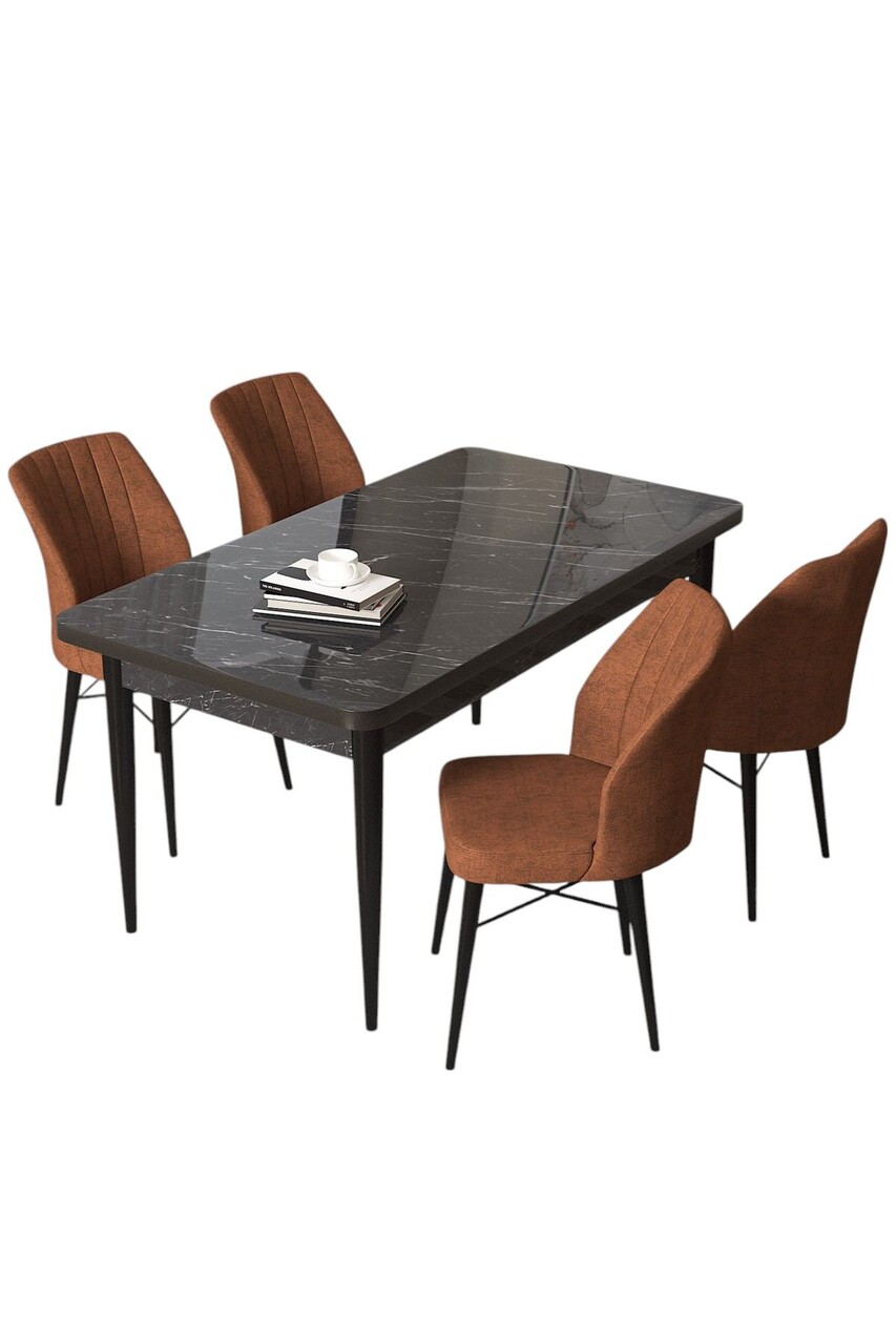 Set masă și scaune (5 bucăți), Hanah Home, Arp, Marmură neagră / Roșu de faianță - view 2