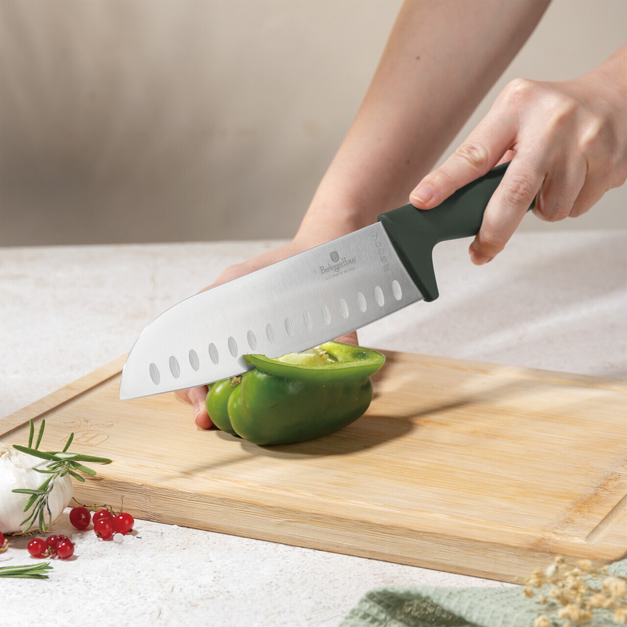 Set 5 cutite cu suport magnetic Berlinger Haus, Matte Green, inox/lemn, verde mat/natur - imagine 7