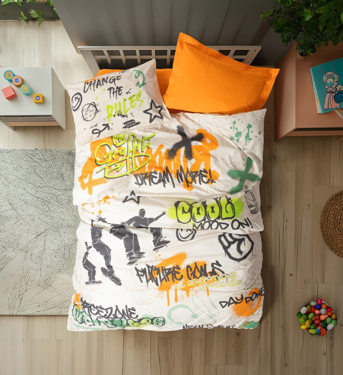 Lenjerie de pat pentru o persoana Young, Graffiti - Orange, Cotton Box, Bumbac Ranforce