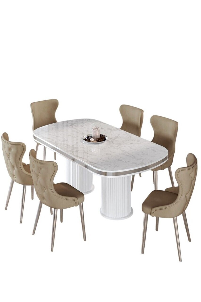 Set masa si scaune (7 piese), Hanah Home, Galya, Model de marmură albă / Crom / Cappuccino — imaginea 2