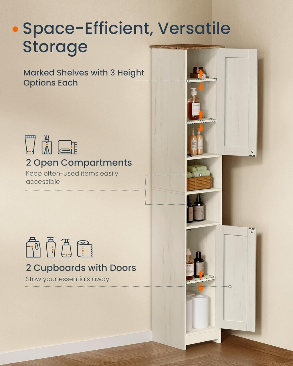 Dulap ingust pentru baie, Songmics, montaj fara unelte, 30x30x170 cm, MDF, alb vintage - imagine 4