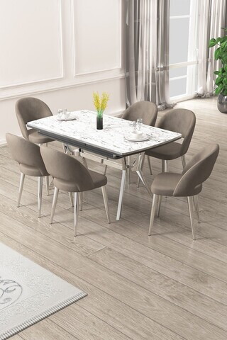 Set masa extensibila si scaune (7 piese), Hanah Home, Weps, Model de marmură albă / Crom / Cappuccino
