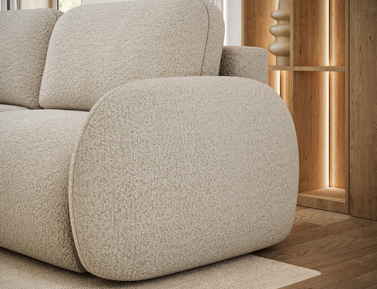 Canapea extensibila 3 locuri ELTAP, Avuela, 250x105x94 cm, lemn/tesatura boucle, bej — imaginea 9
