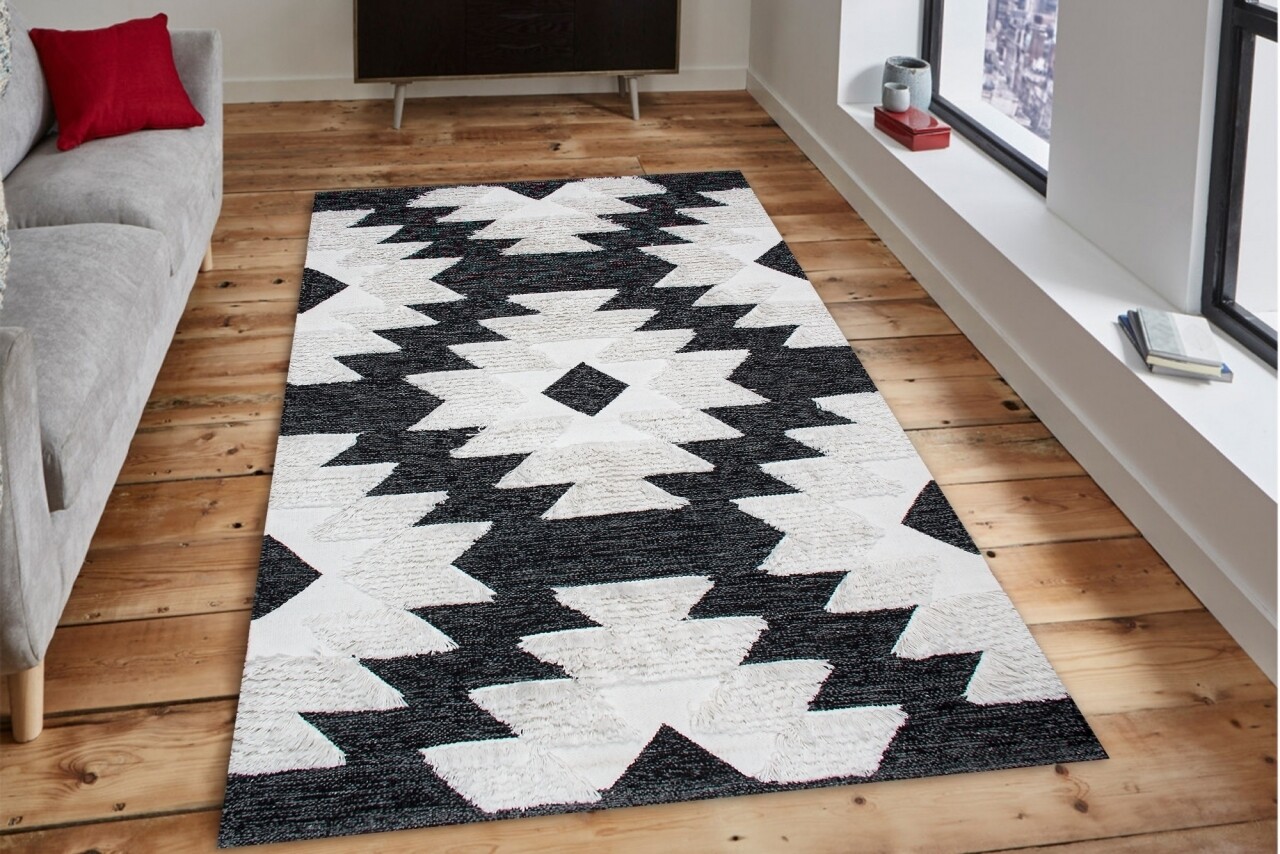 Covor rezistent Eko, AFR 01 - Black, White, 100% bumbac,  120 x 180 cm - 1 | YEO