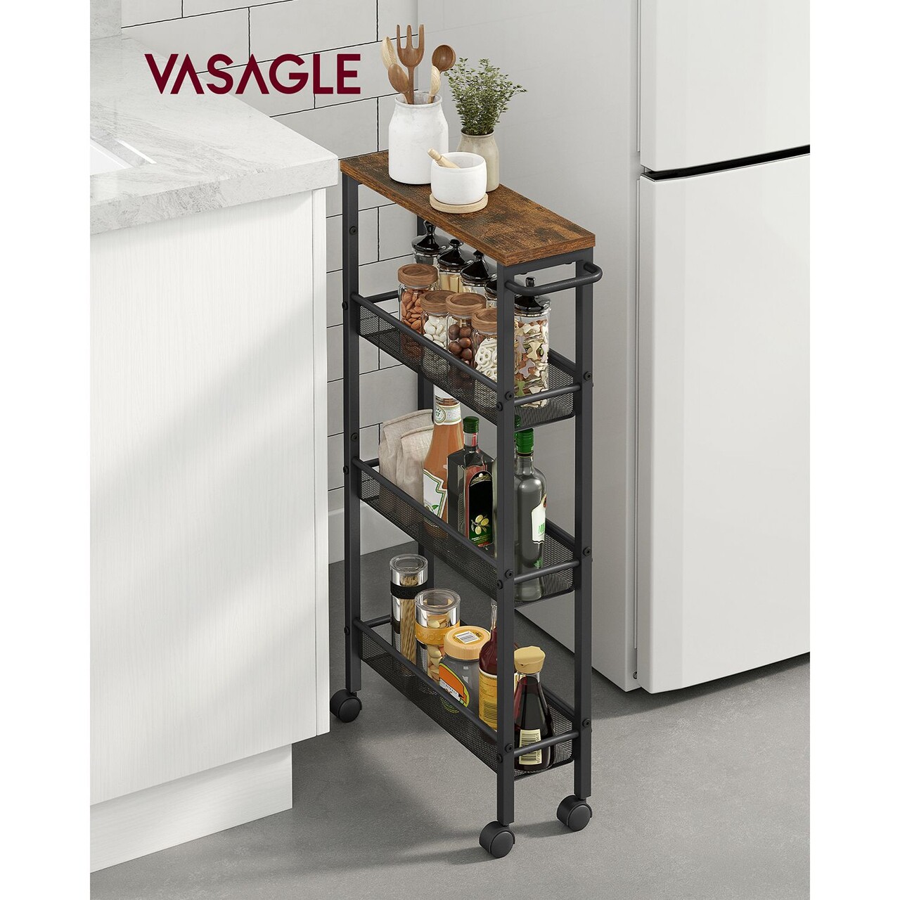 Carucior ingust cu 4 rafturi si roti, Vasagle, 45.4x13x77 cm, PAL/ote, negru