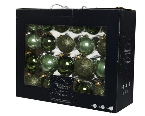 Cutie cu 42 globuri asortate Green mix, Decoris, plastic, verde