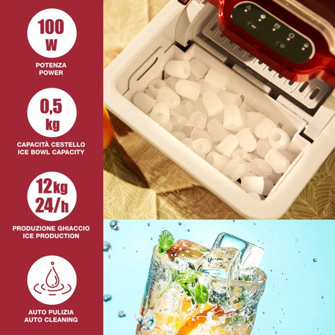 Masina pentru cuburi de gheata Beper, 29.8x22.5x29 cm, 100W, 1.3L, ABS/polipropilena/inox, rosu - view 8