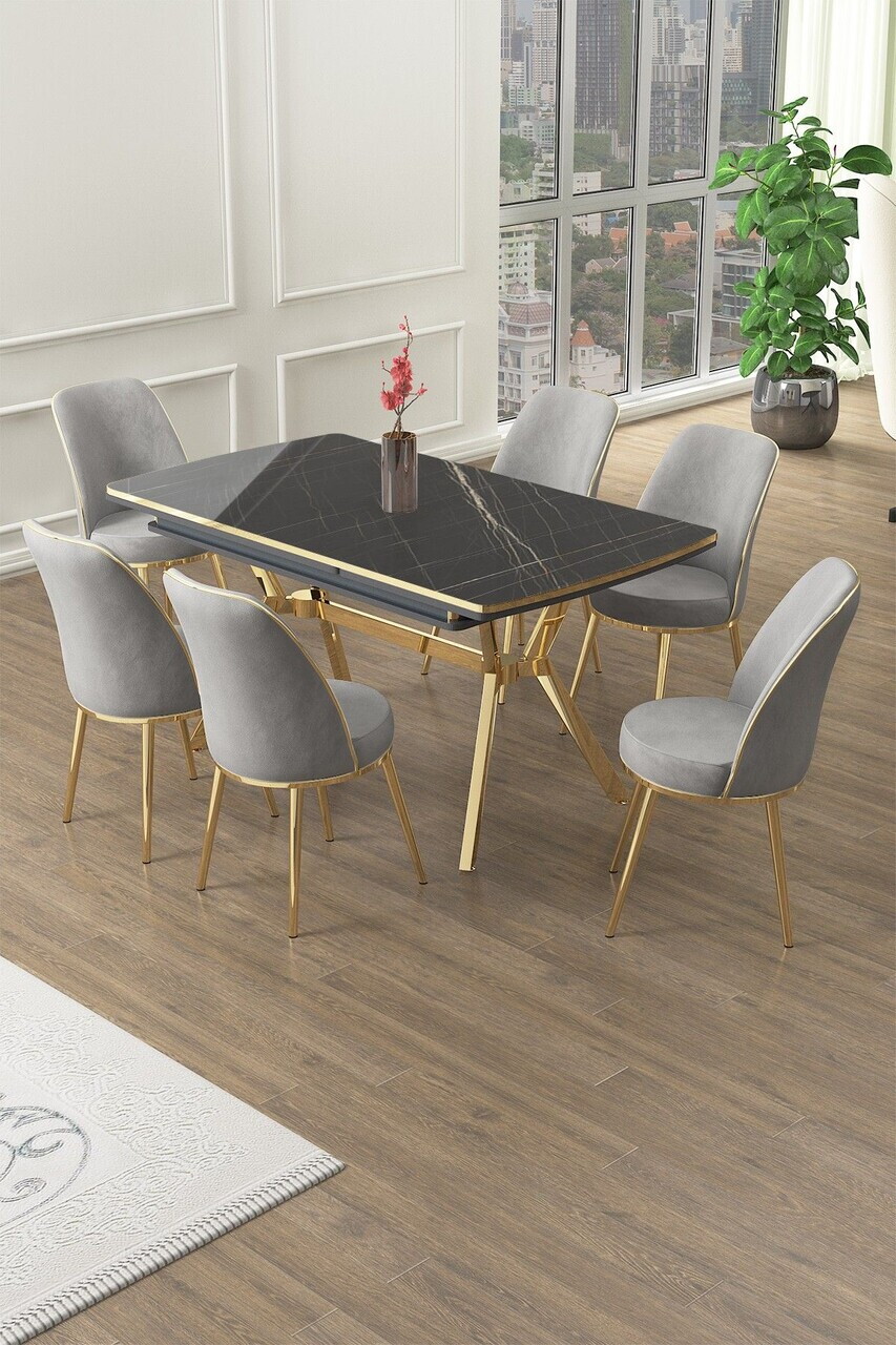 Set masa extensibila si scaune (7 piese), Hanah Home, Poy, Sonata / Auriu / Gri